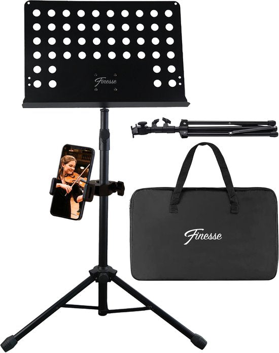 Finesse Music Stand for Sheet Music with Phone Holder - XL - Foldable - with Carrying Bag - Lectern - for Tablet - Black