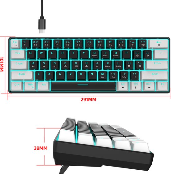 HXSJ V900 - Clavier de jeu filaire - mécanique - RVB - commutateur bleu - 61 touches - claviers QWERTY - noir blanc