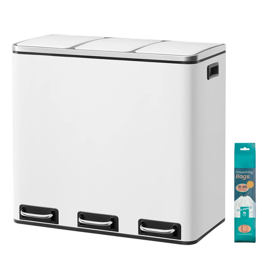Poubelle de cuisine Joyfurnos 3 x 18 L - Tri sélectif avec pédale - Couvercle à fermeture douce - 61 x 31,5 x 55,5 cm - Blanc