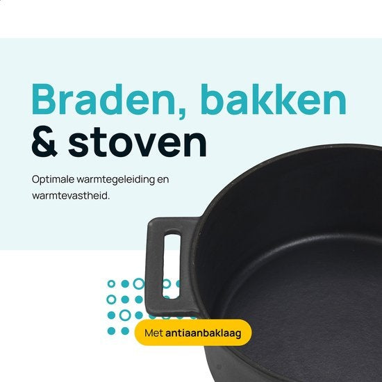 MOA Casserole en fonte - Capacité 4,75 litres - 26CM - Ronde - Toutes sources de chaleur - Egalement pour induction - Poids 5,8 kg - Noire - MOAMC26B