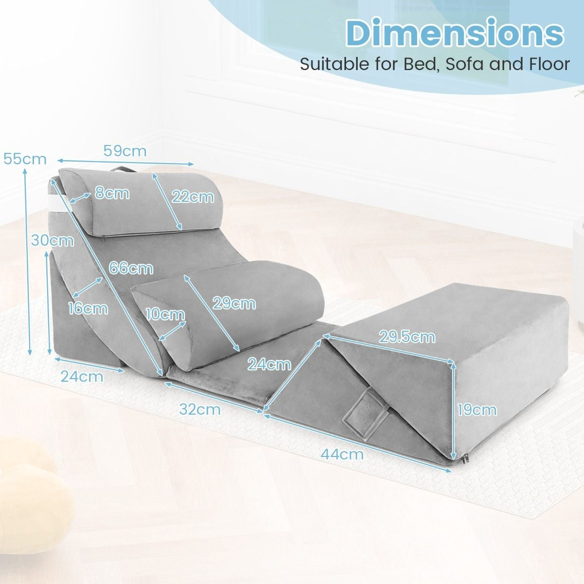 Coast Set de 7 coussins de lecture en mousse à mémoire de forme / coussins orthopédiques / housse lavable / ergonomique / gris