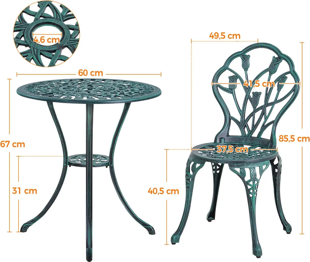 Ensemble de jardin Yaheetech 3 pièces style bistrot - Vert - Ensemble de jardin en aluminium comprenant 2 chaises et une table avec trou pour parasol