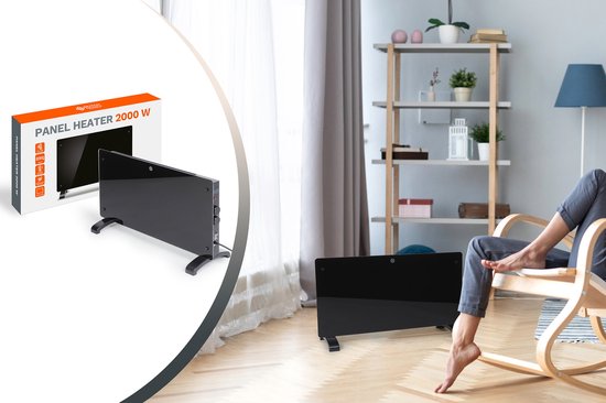 Dutch Originals - Convecteur - 2000 W - Noir - Minuterie réglable - 2 niveaux de chaleur - Verre trempé - 42,5 x 24 x 77 cm