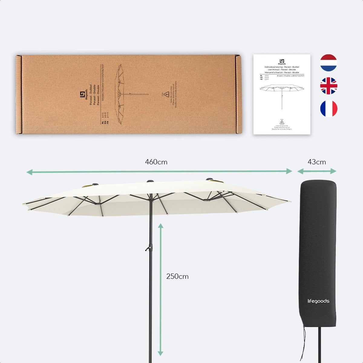 LifeGoods Parasol double - 270x460cm - jusqu'à 15 personnes - imperméable - avec housse - Crème