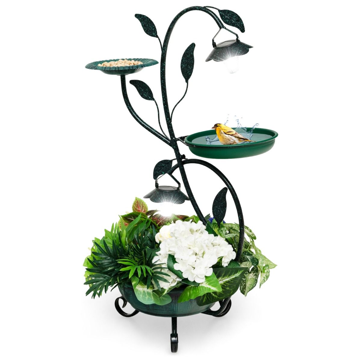 Bain d'oiseaux et mangeoire Coast à énergie solaire - 83 cm - avec porte-fleurs et éclairage LED - bronze
