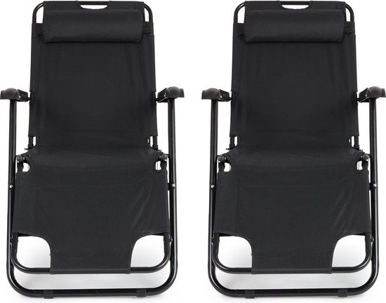 Chaise longue d'extérieur - Pliable - Lot de 2 - Réglable - Polyester & Métal - Noir