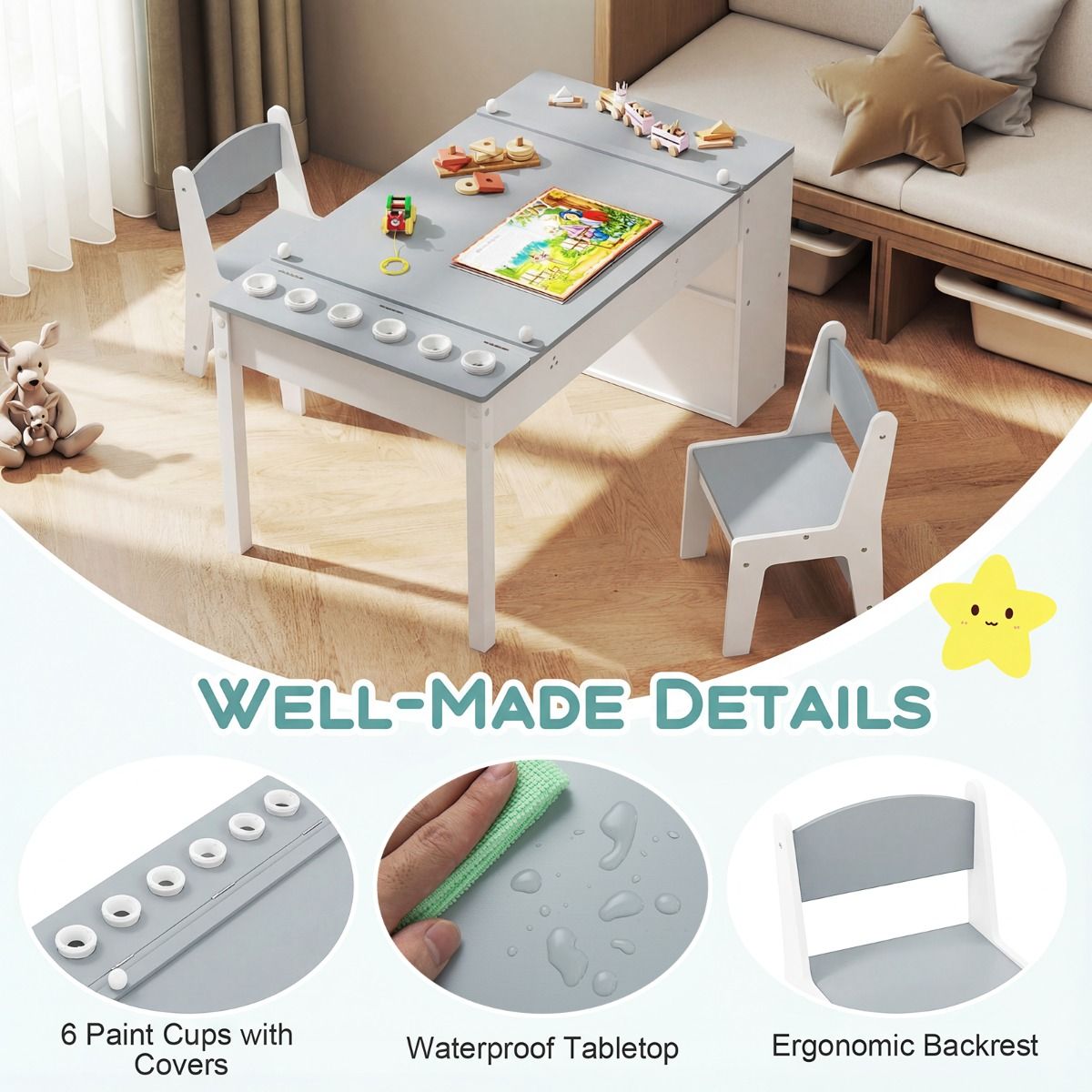 Ensemble table et chaises pour enfants Coast - Table à dessin 2-en-1 avec espace de rangement et rouleau de papier - gris