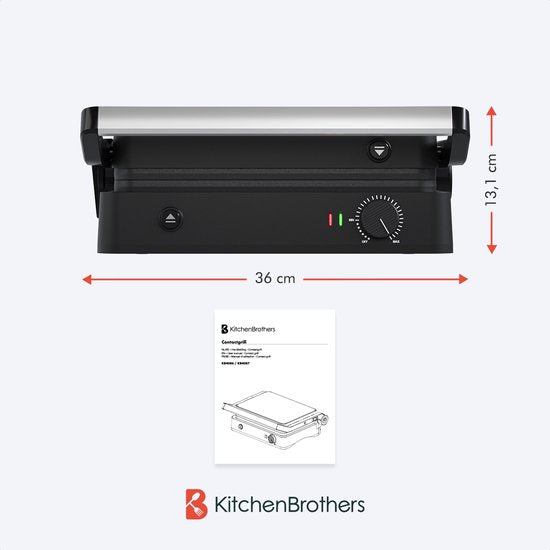 KitchenBrothers Contact Grill - Appareil à griller - Plaques de gril amovibles - Gril à panini - 3 réglages de hauteur - Fer à toasti - 2000W - acier inoxydable