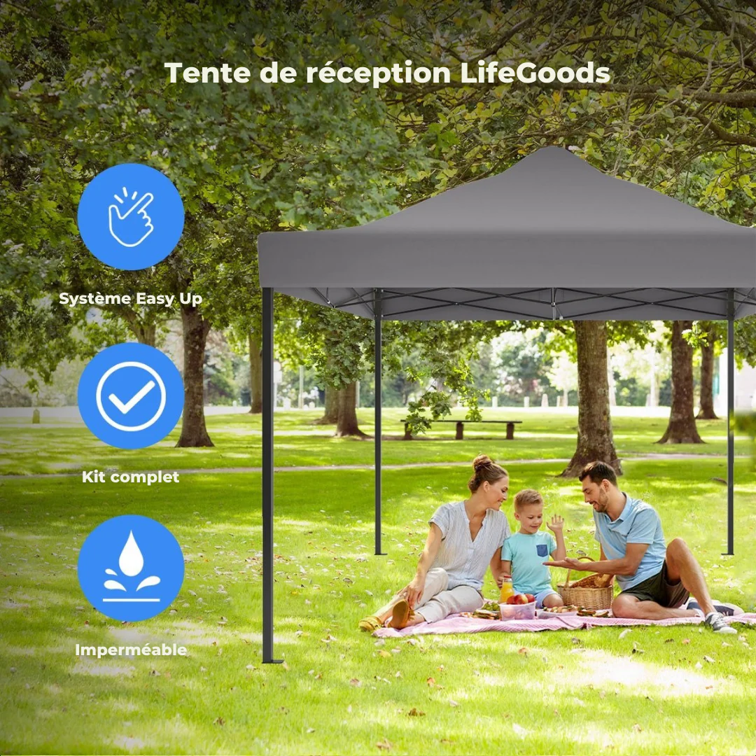 Tonnelle de jardin - LifeGoods - 3x4.5m - Avec sac de transport à roulettes - Gris foncé