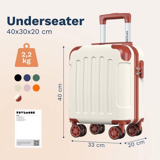 Valise cabine TRVLMORE - 40 x 30 x 20 cm - À placer sous le siège - 24 L - Serrure à combinaison - 4 roues - Blanc/Beige