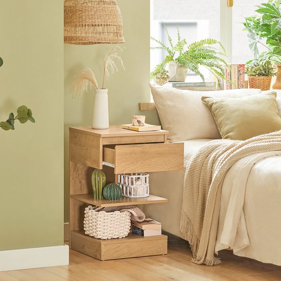 SoBuy Set of 2 Side Table, Nightstand with 1 Drawer and 3 Shelves, Multifunctional Coffee Table for Bedroom or Living Room, Scandinavian Design, Natural Wood Brown, 39x65x39cm, FBT49-Nx2
