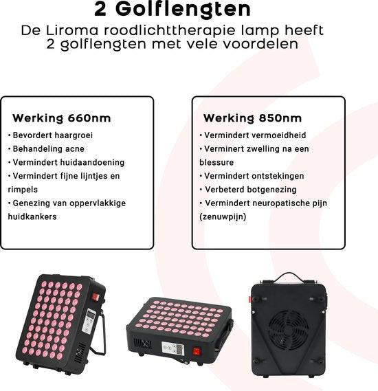 LIROMA® Luminothérapie rouge - 2 longueurs d'onde - Minuterie - Lampe infrarouge LED - Thérapie infrarouge - Thérapie par la lumière rouge - Lampe à collagène - Fibromyalgie - Thérapie par la lumière