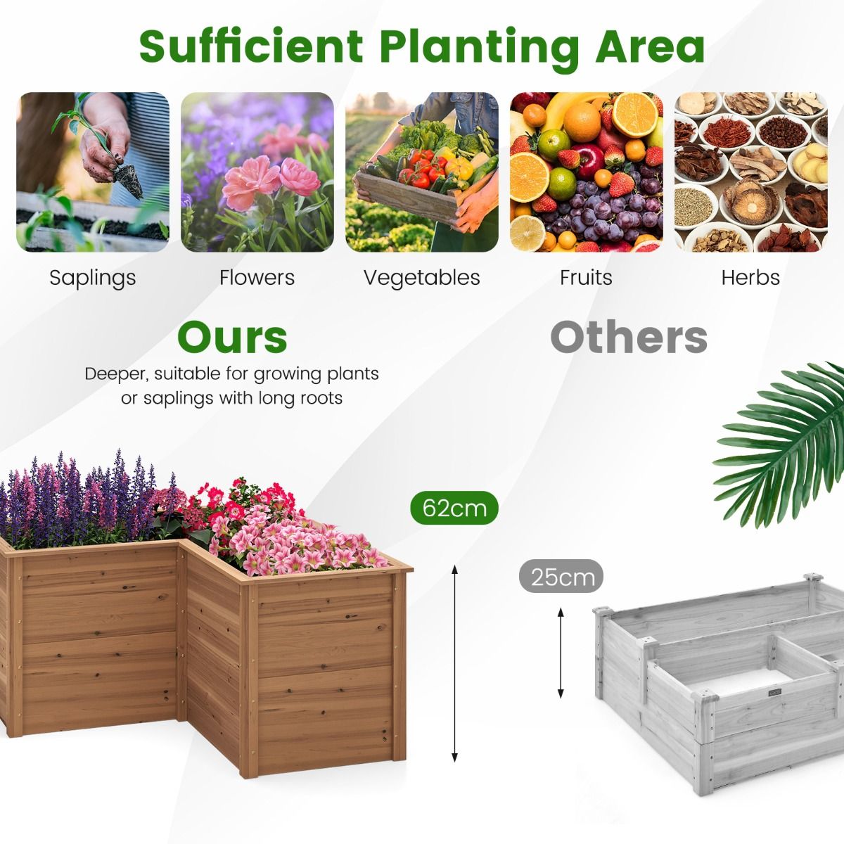 coast - Bac potager carré en bois 120x120x63 cm - Pin naturel - Base ouverte en forme de L - Marron