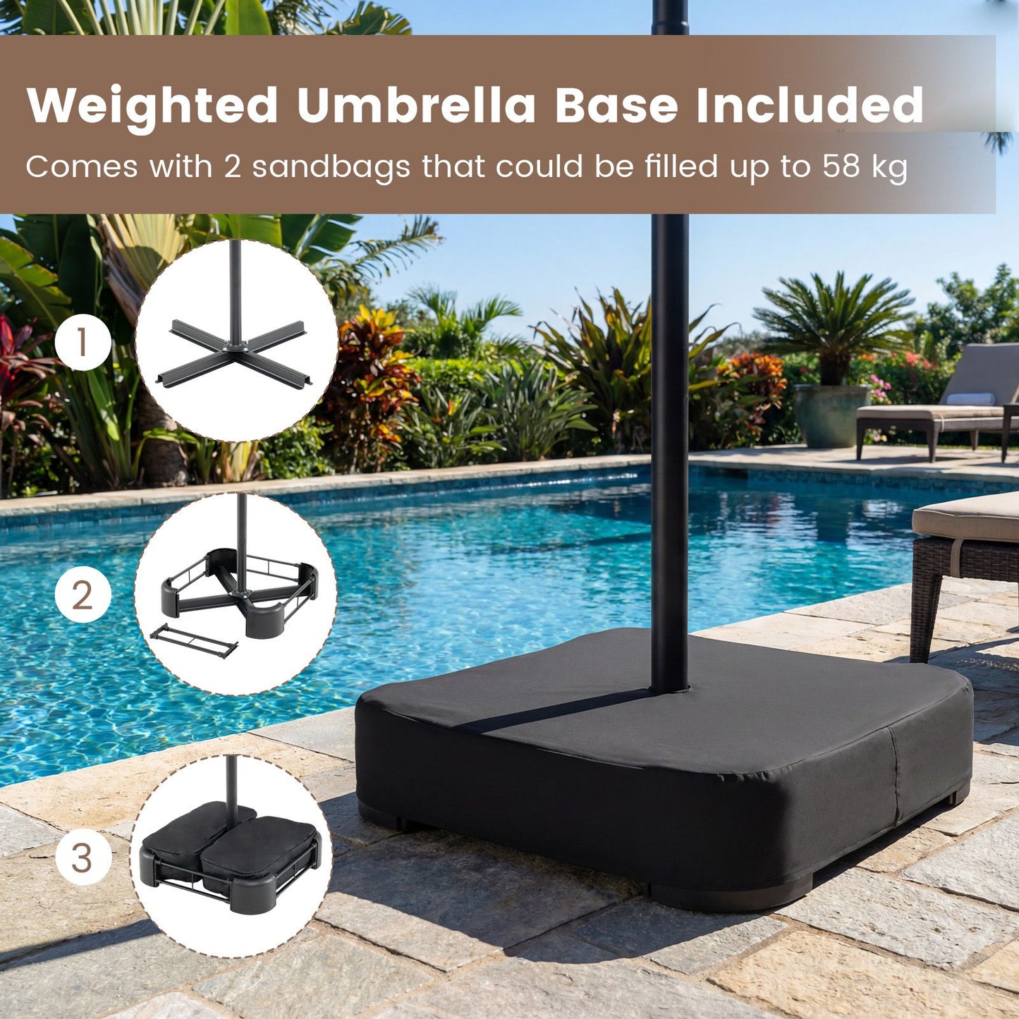Coast 460 x 285 cm – Parasol de jardin double orange avec 48 LED à énergie solaire – Parasol extra-large avec panneau solaire à recharge automatique