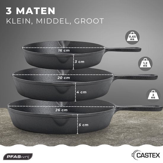 Castex Cast Iron Pan Tri-Set - Poêle en fonte - Poêle à frire - Ensemble de poêles à frire - BBQ - Poêles - Ensemble de poêles - Induction