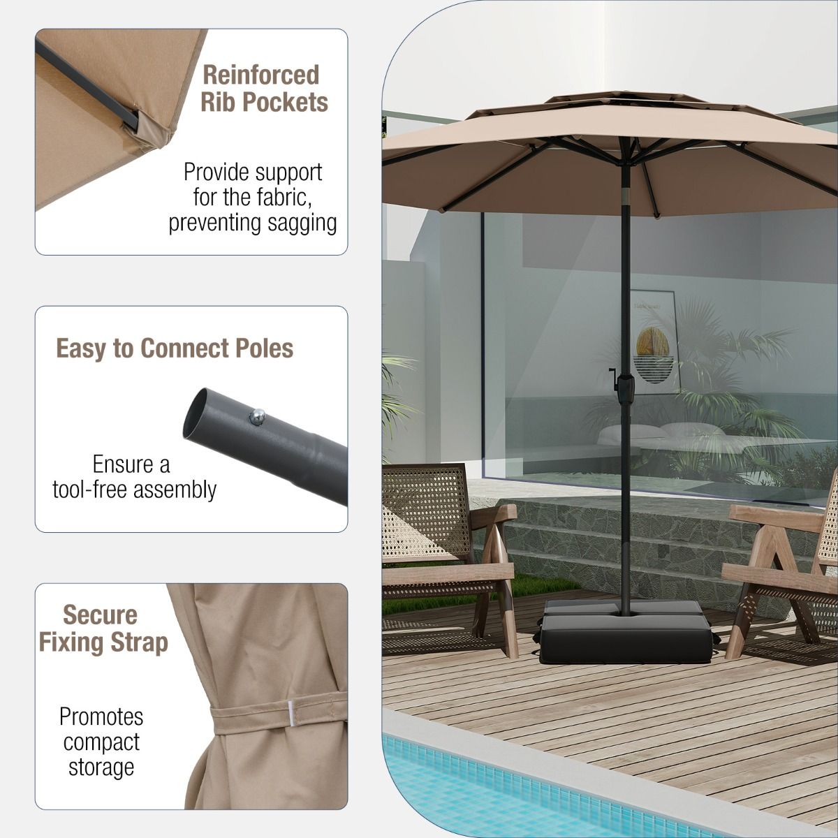 Parasol de table Coast Light Brown 300 cm - Parasol 3 couches avec mécanisme d'inclinaison et manivelle - Parasol de jardin avec 8 baleines et toile ventilée