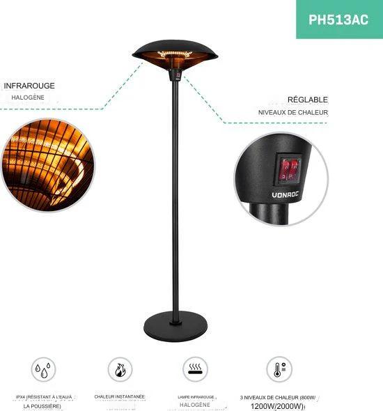Chauffage de terrasse VONROC - 2000W - 360° - Lampe à infrarouge - Modèle sur pied