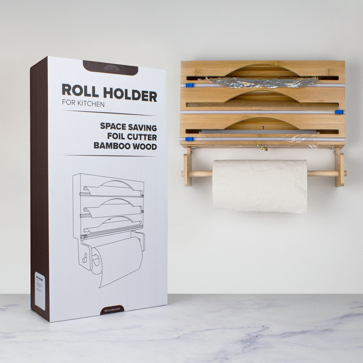 Nimma Roll Holder - Porte-rouleau de cuisine et porte-film en 1 - Système de suspension et coupe-film inclus - Convient pour 3 rouleaux de film - Bambou