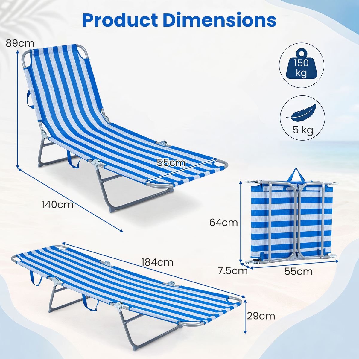 Chaise longue pliable Coast - réglable sur 4 positions - avec repose-pieds - bleu et blanc