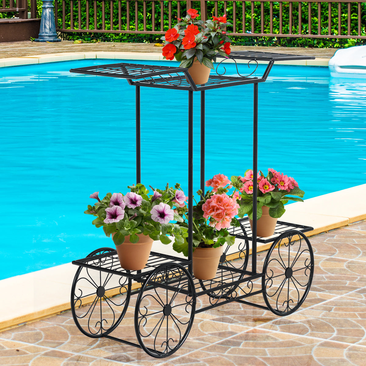 Porte-fleurs décoratif Porte-plantes avec 6 étagères avec chariots à fleurs autoportants pour intérieur et extérieur métal noir 80,5 x 25 x 75