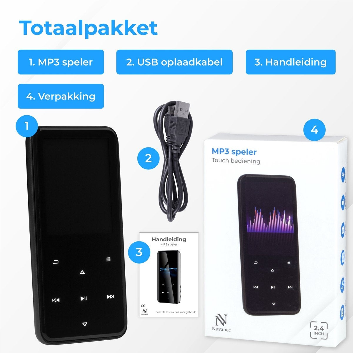 Nuvance - Lecteur MP3 Bluetooth - Mémoire interne 16GB - Support jusqu'à 128GB - Enregistreur vocal numérique - avec radio FM - Noir