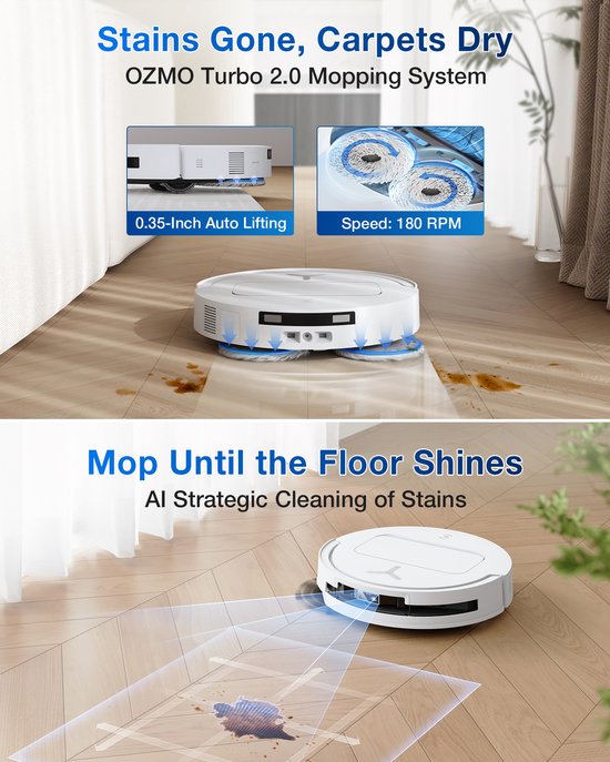 ECOVACS - DEEBOT T50 Omni blanc Gen 2 EU - Robot aspirateur et laveur de sol - Puissance d'aspiration de 21 000 Pa - Robot aspirateur autonettoyant avec système de lavage à l'eau chaude - Station de vidage automatique - Adapté aux poils d'animaux