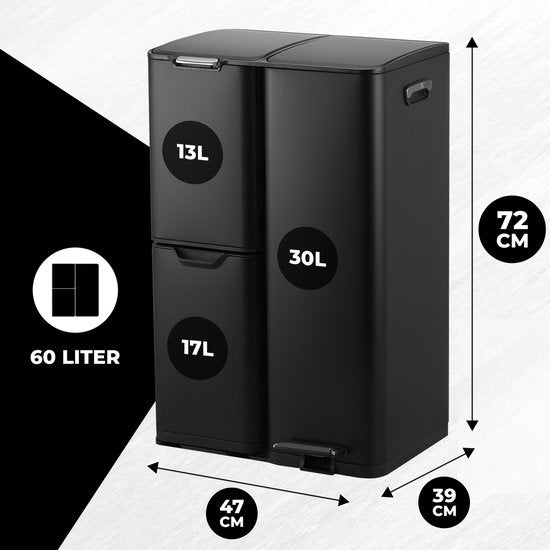 Bayt Poubelle - Poubelle 60 litres - Poubelle 60 litres - Poubelle à pédale 60 litres - Poubelle tri sélectif - Poubelle 3 compartiments - Poubelle - inox - Noir