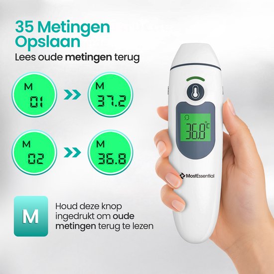 MostEssential Thermomètre digital de fièvre 2-en-1 - Thermomètre auriculaire - Thermomètre frontal et corporel - Thermomètre de fièvre pour adultes, enfants et bébés - Sans contact - IR30