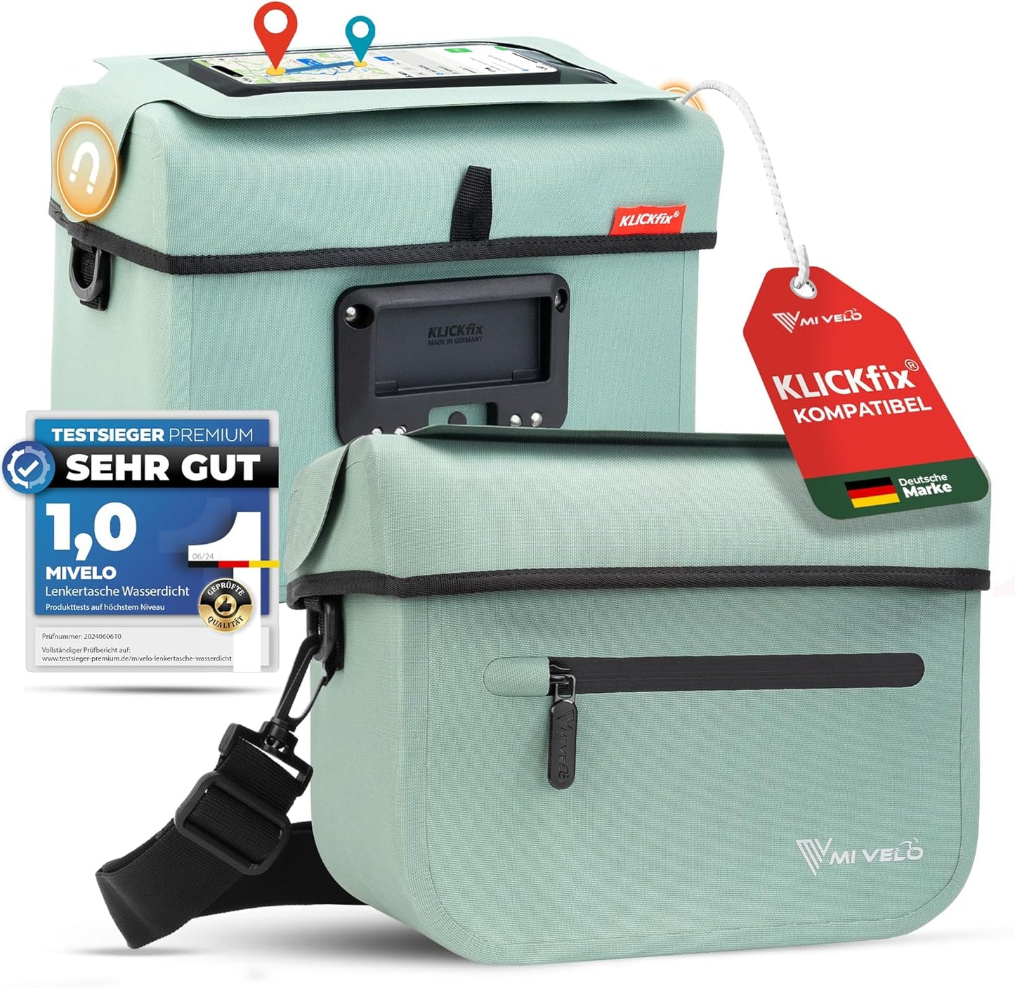 Sacoche de guidon MIVELO Klickfix - 100 % imperméable, 7 L, compartiment pour téléphone