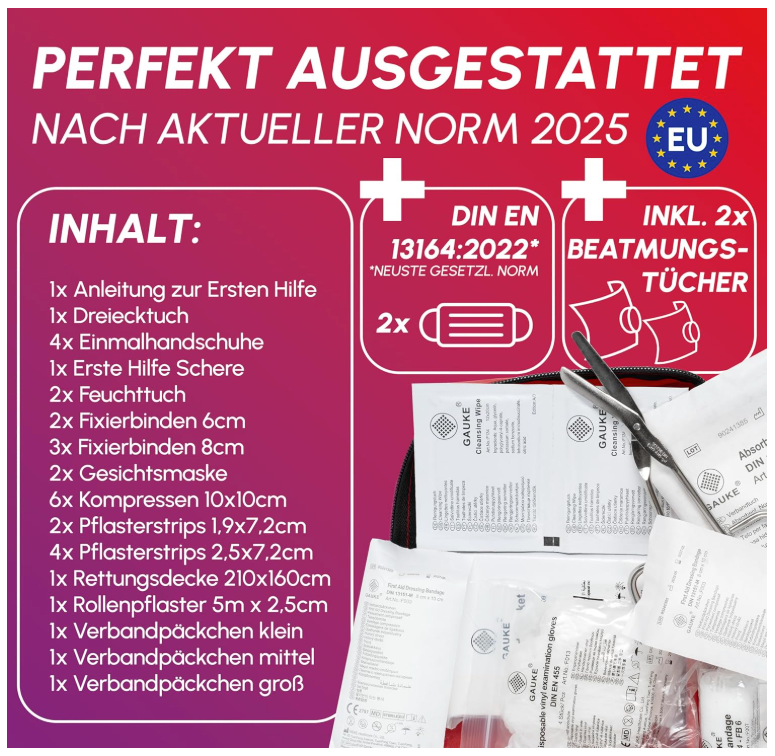 HELDENWERK - Boîte de secours & trousse de secours Car - Norme DIN 13164:2022 - Nylon rouge déperlant - Comprend des lingettes et des masques respiratoires - Pour voiture et moto - Compact et sûr