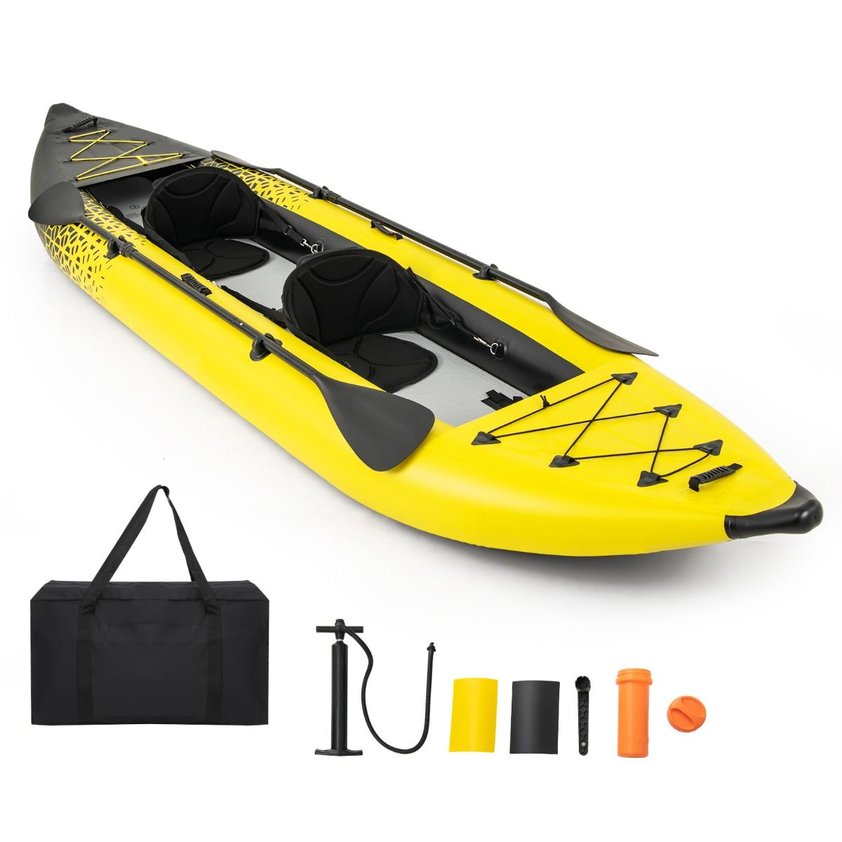 Kayak gonflable Coast pour 2 personnes - Sièges réglables - Pagaies et pompe à main incluses - Jaune