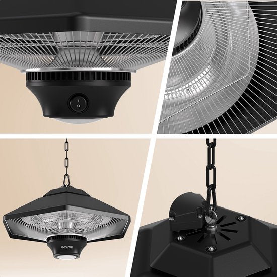 Auronic Terrace Heater - Chauffage infrarouge - Suspendu - 20m2 - Electrique - 2000W - Télécommande - 3 niveaux - Noir