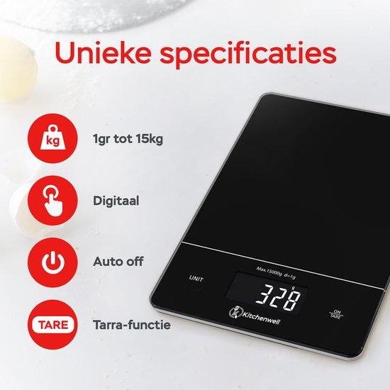 Kitchenwell Balance de cuisine numérique de précision - Balance de cuisine - 1gr - 15kg - Fonction tare - Noir