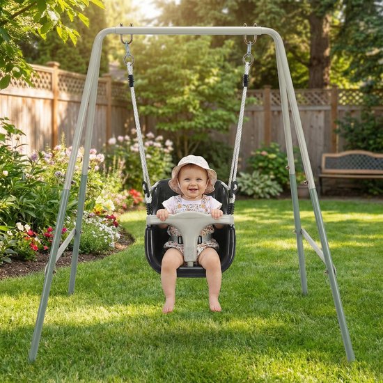 Balançoire 2-en-1 AXI en métaux, couleur verte/crème – Balançoire évolutive - Ensemble de balançoire autonome avec siège en plastique et siège pour bébé - Ensemble de balançoire pour enfants