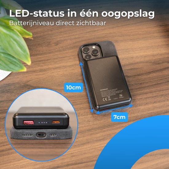 Nuvance Powerbank 10000 mAh - Adapté à MagSafe - Chargeur rapide 15W - Wireless Powerbank - Usb-A 22.5W & Usb-C 20W - Noir