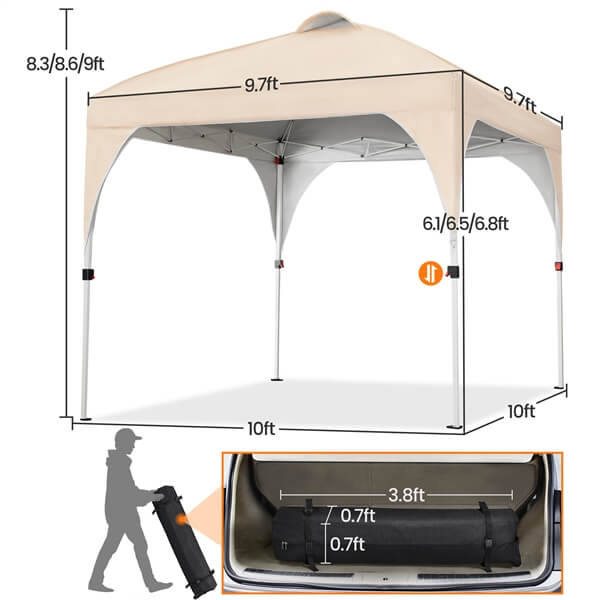 SOBERINE Pavillon pliant pop-up 3 × 3 m avec sac à roulettes, sacs de sable et piquets, beige