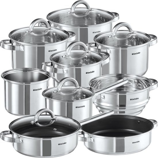 tectake® Set de casseroles - acier inoxydable - Convient à la cuisson par induction, au gaz et à l'électricité - 15 pièces - Lavable au lave-vaisselle - Pour la maison ou le camping - Poêles avec couvercles