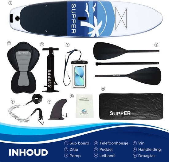 Supper Sup Board XL - Max. 180KG - Gonflable - Planche à pagaie - Pagaie réglable - Housse de téléphone étanche - Siège - Pompe - Aileron - Leash - Sac de transport - 335 x 81 cm