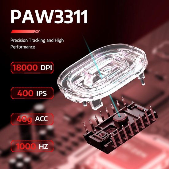 ATTACK SHARK R1 Superlight Gaming Mouse 59g - Rouge - 12.2 × 6.4 × 3.8 cm - Sans fil et filaire - Jusqu'à 18 000 DPI - 65 heures d'autonomie de la batterie