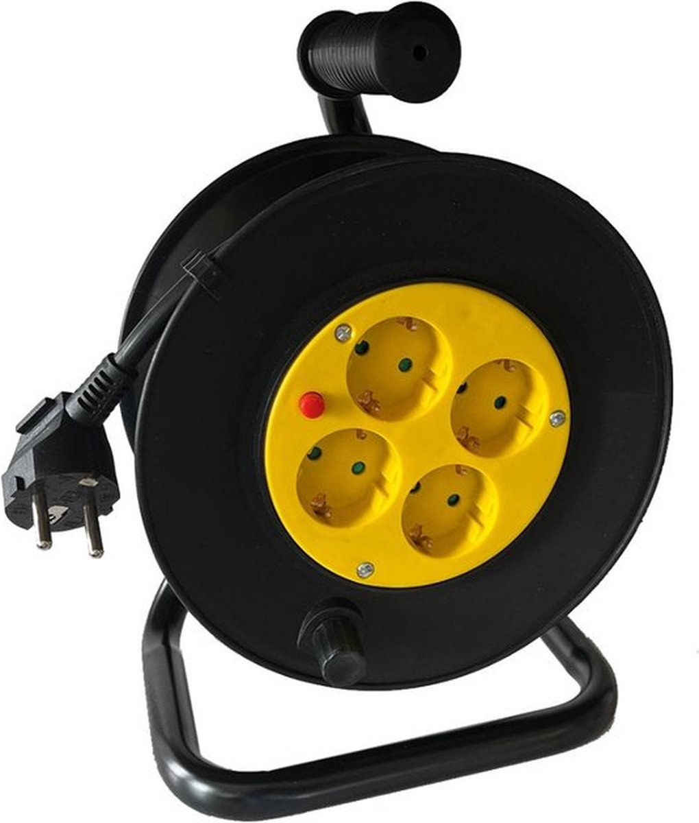 BRASQ Cable Reel Pro - 4-fold - Black - 10 Metres - Enrouleur de câble d'extension - Câble d'extension - Avec mise à la terre - Pour l'intérieur