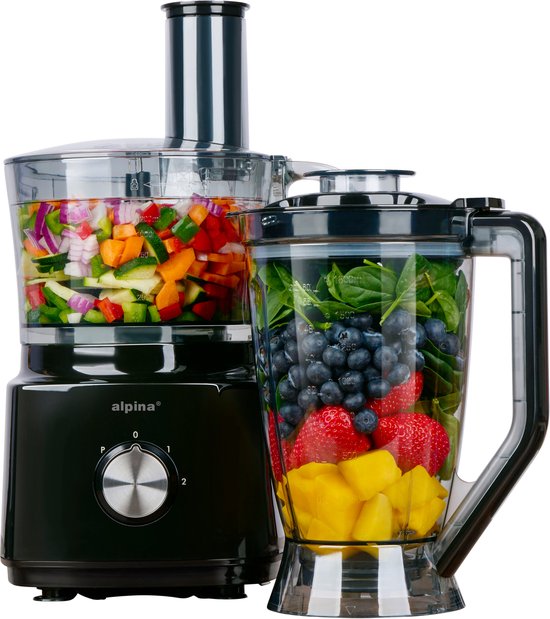Robot ménager 3-en-1 Alpina : robot de cuisine, mixeur et machine à smoothies - Robot ménager multifonction - Coupe-légumes - Hachoir - 2 L - Sans BPA - Lavable au lave-vaisselle - FP413GS - Noir