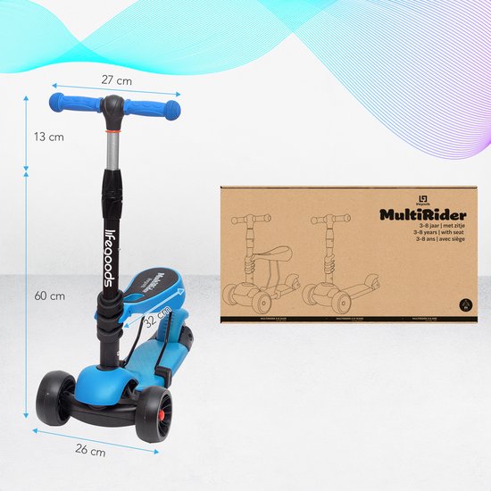 Scooter pour enfants LifeGoods MultiRider - Étape 3-8 ans - Siège réglable - Roues lumineuses - Garçons/Filles - Bleu