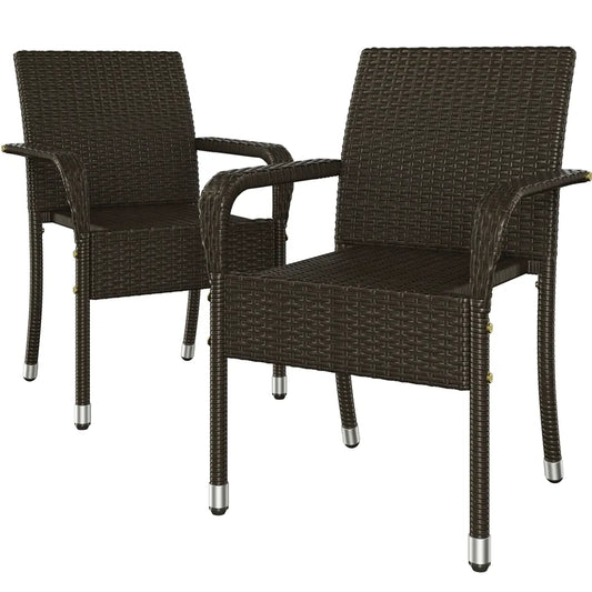 Yaheetech Chaises de jardin - 2 pièces - en rotin - empilables - avec accoudoirs - pieds réglables - marron