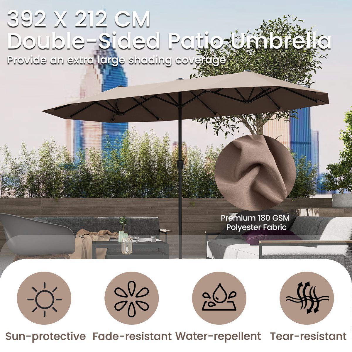Parasol double Coast - rectangulaire - polyester hydrofuge - 400 x 215 cm - marron