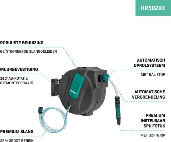 VONROC Wall Hose Box - Comprend un tuyau d'arrosage de 25 m, un tuyau de raccordement, une buse, des raccords et un robinet - Système d'enroulement automatique