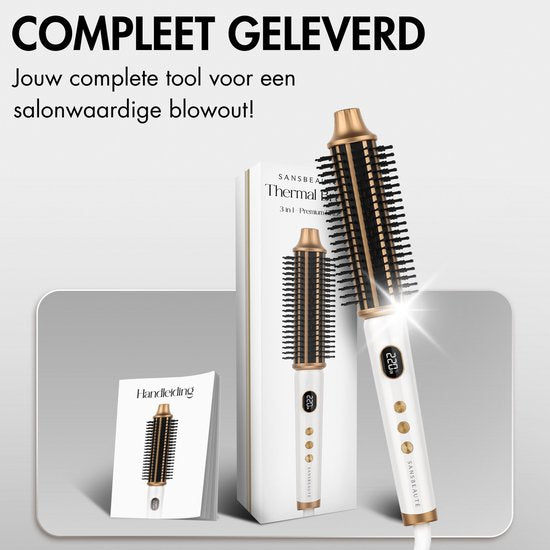 Sansbeauté® Blowout Brosse thermique 3-en-1 38 mm - Brosse chauffante en céramique - Appareil multifonction - Sèche-cheveux - Brosse à boucler - Brosse à cheveux - Brosse lissante - Brosse chauffante - Volume et boucles - Cordon rotatif