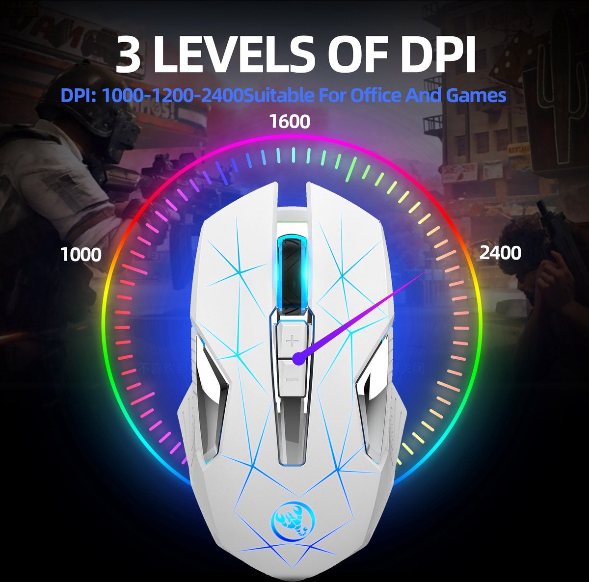 HXSJ T300 2.4G Wireless Gaming Mouse - Souris d'ordinateur - Ultra légère - Compacte pour les voyages - Eclairage RGB - Blanc
