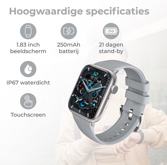 Nuvance - Smartwatch Hommes et Femmes avec Bluetooth - 45mm - Convient à tous les Smartphones - Podomètre et moniteur de fréquence cardiaque - Étanche - Gris
