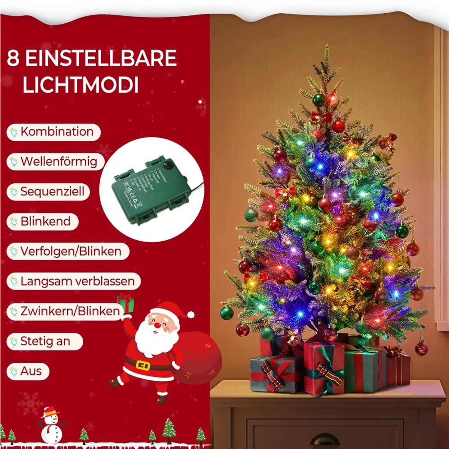 Yaheetech Arbre de Noël Artificiel avec 50 lumières Led colorées - 143 branches, 8 modes d'éclairage et socle en ciment - Pour rebord de fenêtre et table - PVC vert et béton - 58 x 58 x 91,5 cm