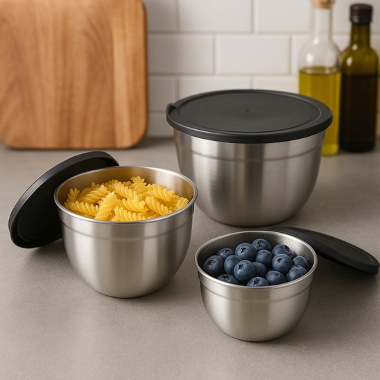 Ensemble de 3 bols en inox Alpina avec couvercle - Bol à salade - Bol à pâte avec couvercle - Bols pour mélanger et conserver - Bol à snacks